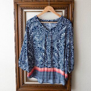 St. John’s Bay Blouse Size XL Blue Paisley Popover Top 3/4 Sleeves